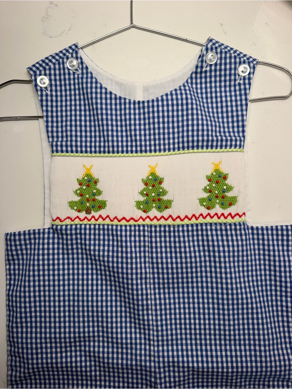 Banana Split Blue Gingham Smocked Outfit with Holiday Tree Embroidery 9 Months